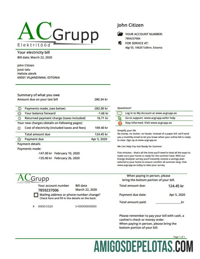 para download Modelo de conta de serviços públicos de eletricidade da Estônia AC Grupp OÜ em formato Word e PDF